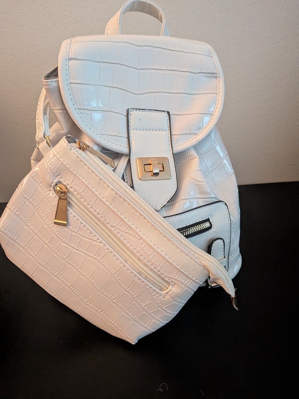 Croc-Embossed White Backpack with Detachable Pouch